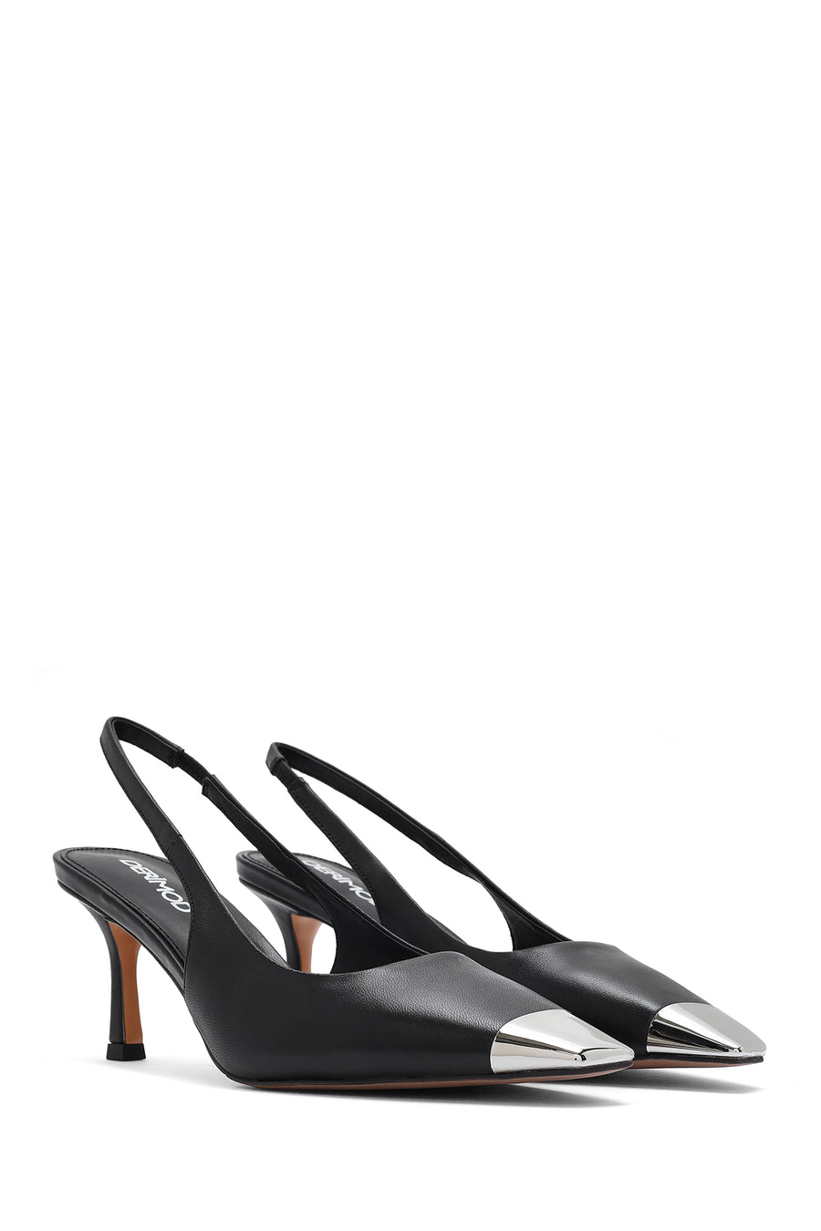 Women's Black Leather Stiletto Heeled Slingback Shoes
