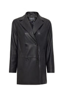 Wendy Kadın Siyah Kruvaze Yaka Uzun Deri Ceket | Derimod