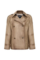 Estel Kadın Bej Kruvaze Yaka Oversize Deri Ceket | Derimod