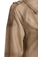 Estel Kadın Bej Kruvaze Yaka Oversize Deri Ceket | Derimod