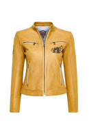 Champs Women's Yellow Embroidered Short Leather Jacket | Derimod