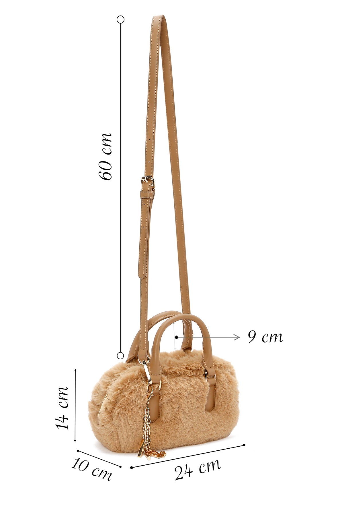 Kadın Bej Uzun Askılı Aksesuar Detaylı Peluş Mini Kol Çantası