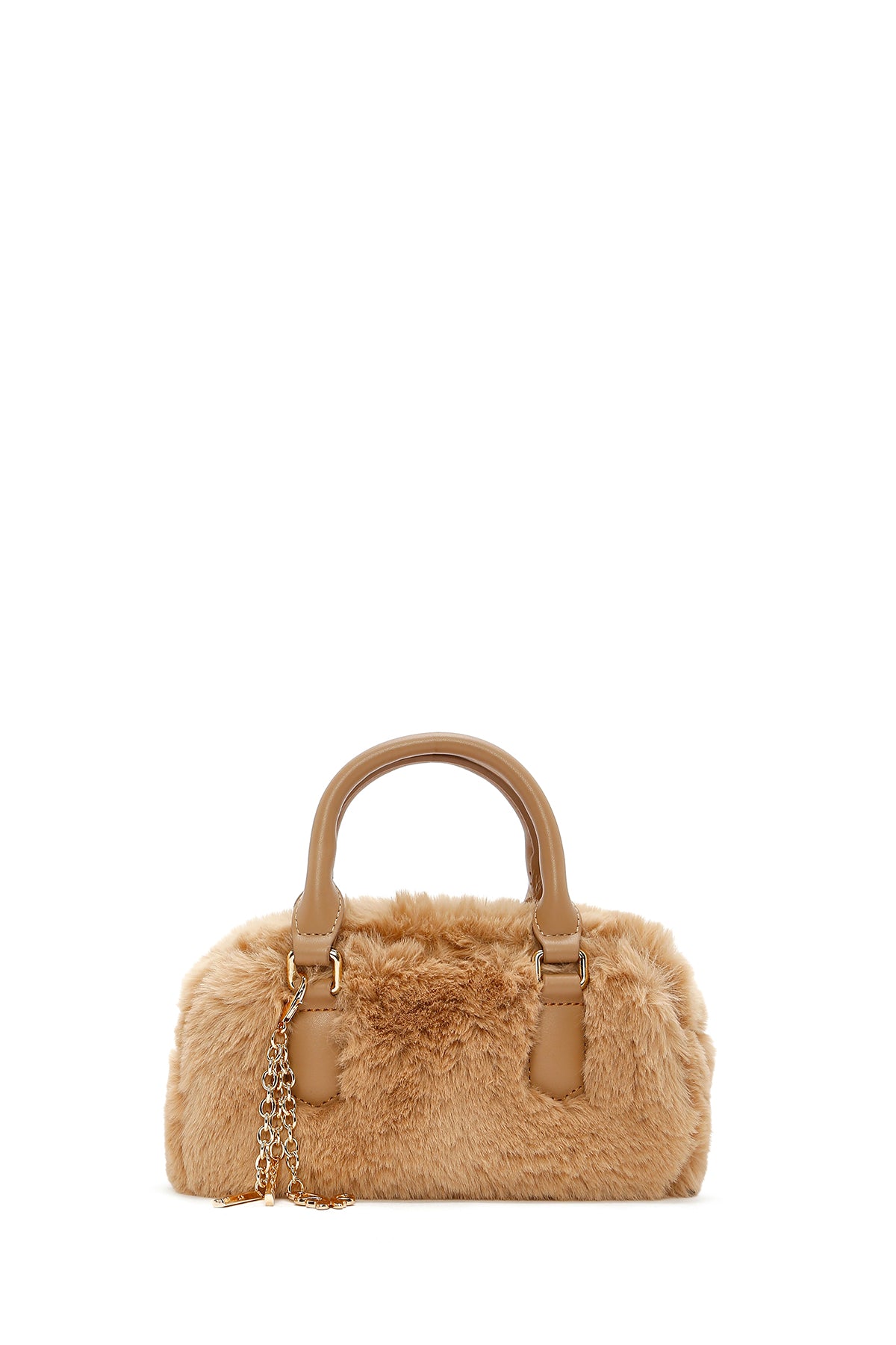 Kadın Bej Uzun Askılı Aksesuar Detaylı Peluş Mini Kol Çantası
