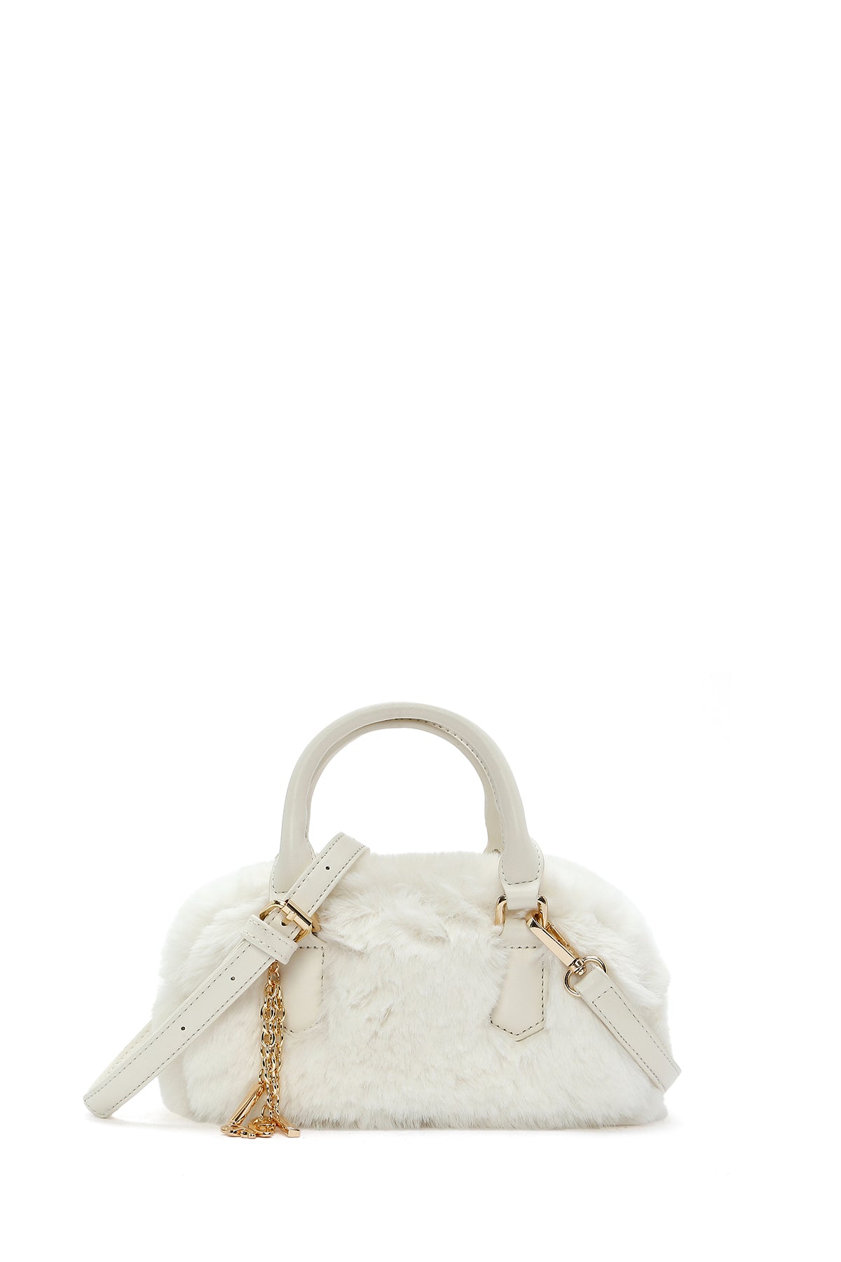 Kadın Krem Uzun Askılı Aksesuar Detaylı Peluş Mini Kol Çantası