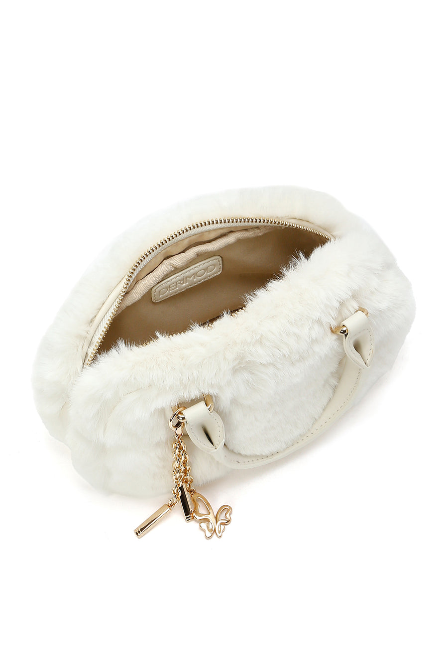 Women's Cream Long Strap Accessory Detailed Plush Mini Shoulder Bag