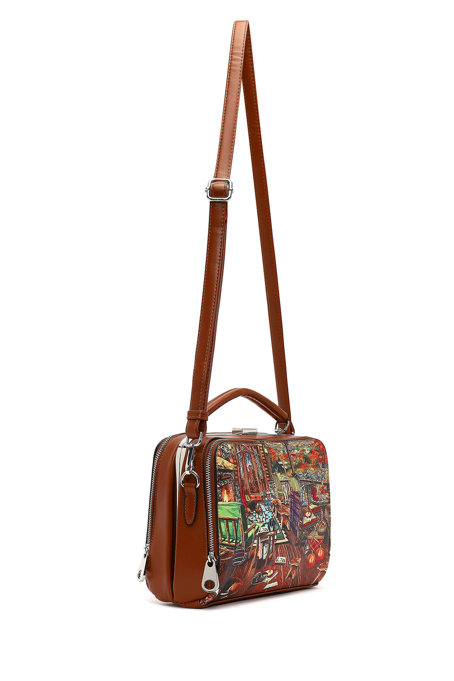 Women's Tan Long Strap Patterned Shoulder Bag
