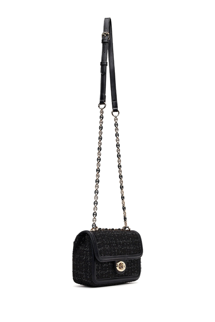 Women Black Long Strapped Patterned Mini Crossbody Bag