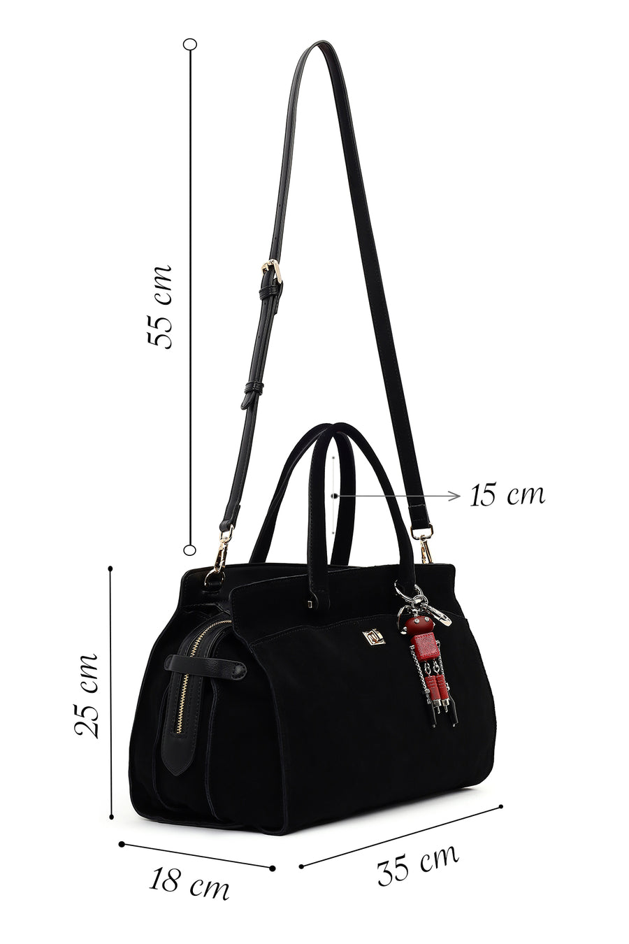 Women's Black Long Strap Suede Shoulder Bag with Accessories