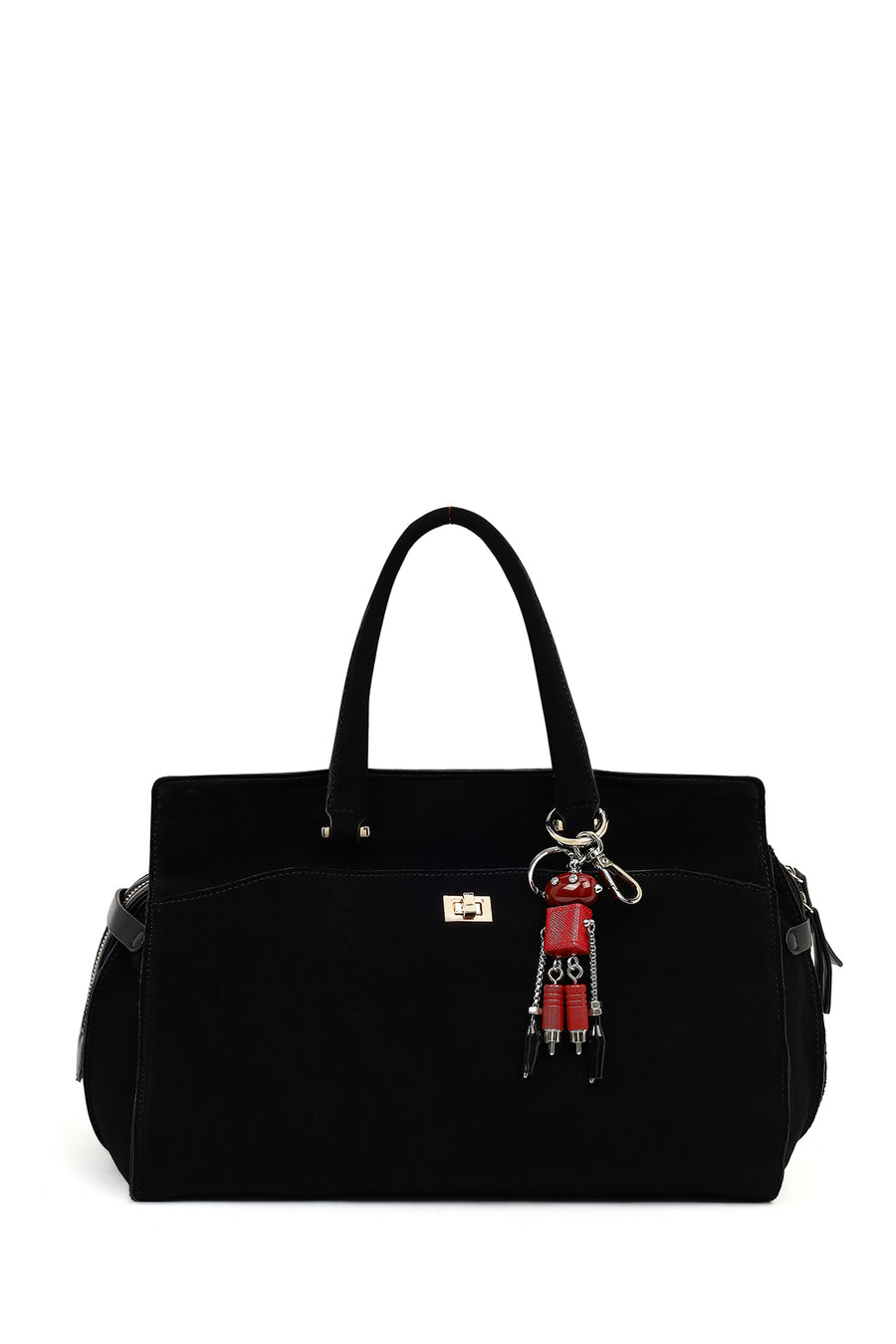 Women's Black Long Strap Suede Shoulder Bag with Accessories