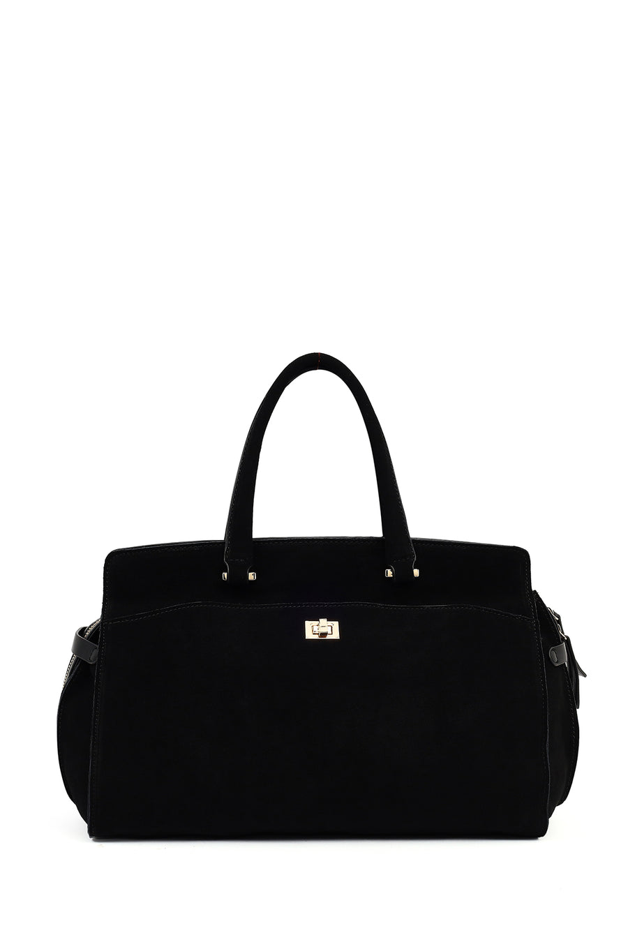 Women's Black Long Strap Suede Shoulder Bag with Accessories