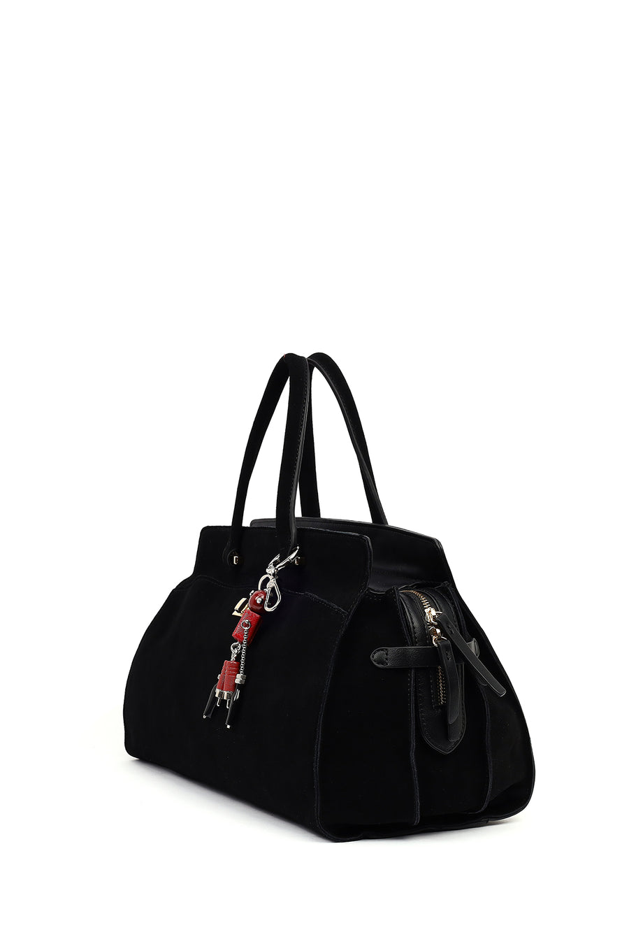 Women's Black Long Strap Suede Shoulder Bag with Accessories