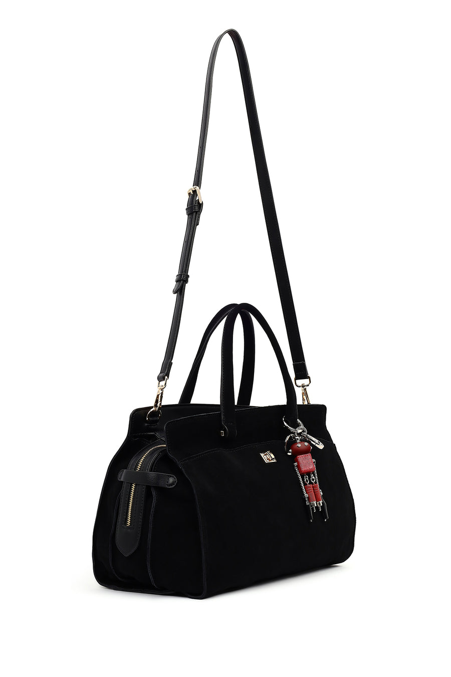 Women's Black Long Strap Suede Shoulder Bag with Accessories