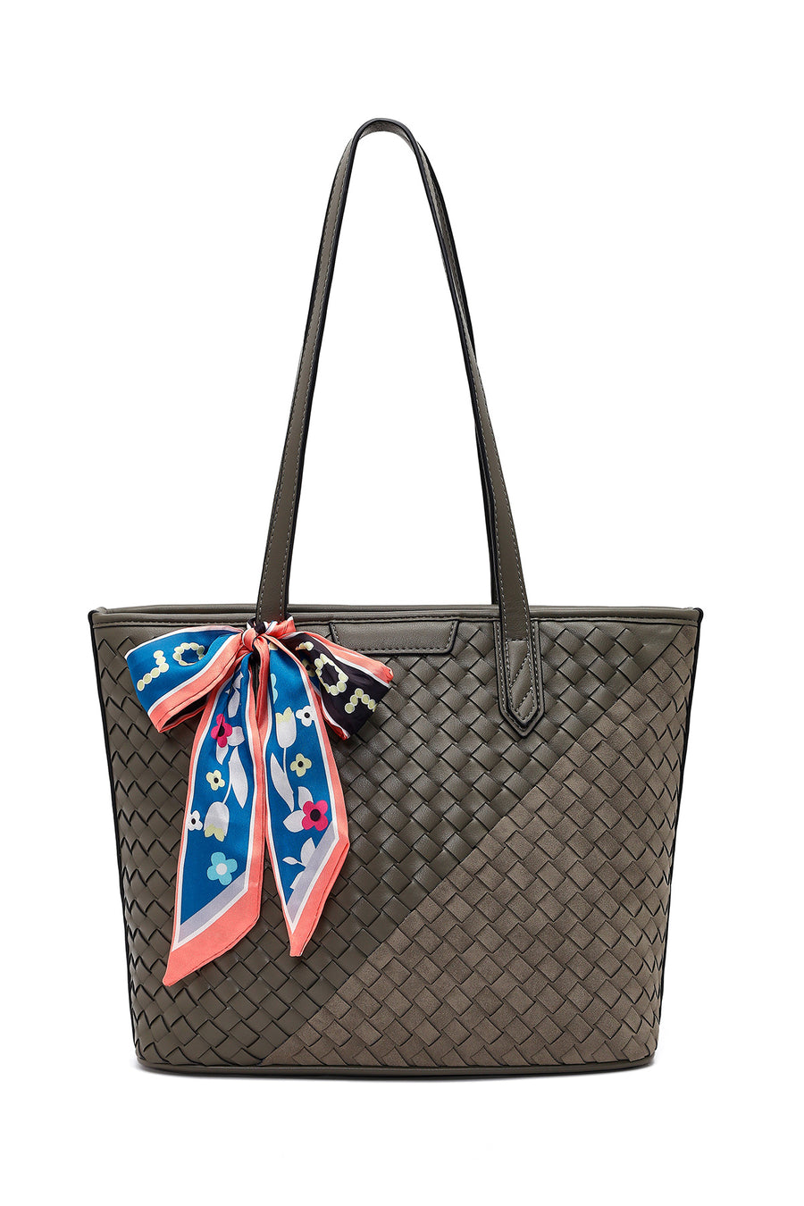 Women's Gray Long Strap Accessorized Woven Shoulder Bag