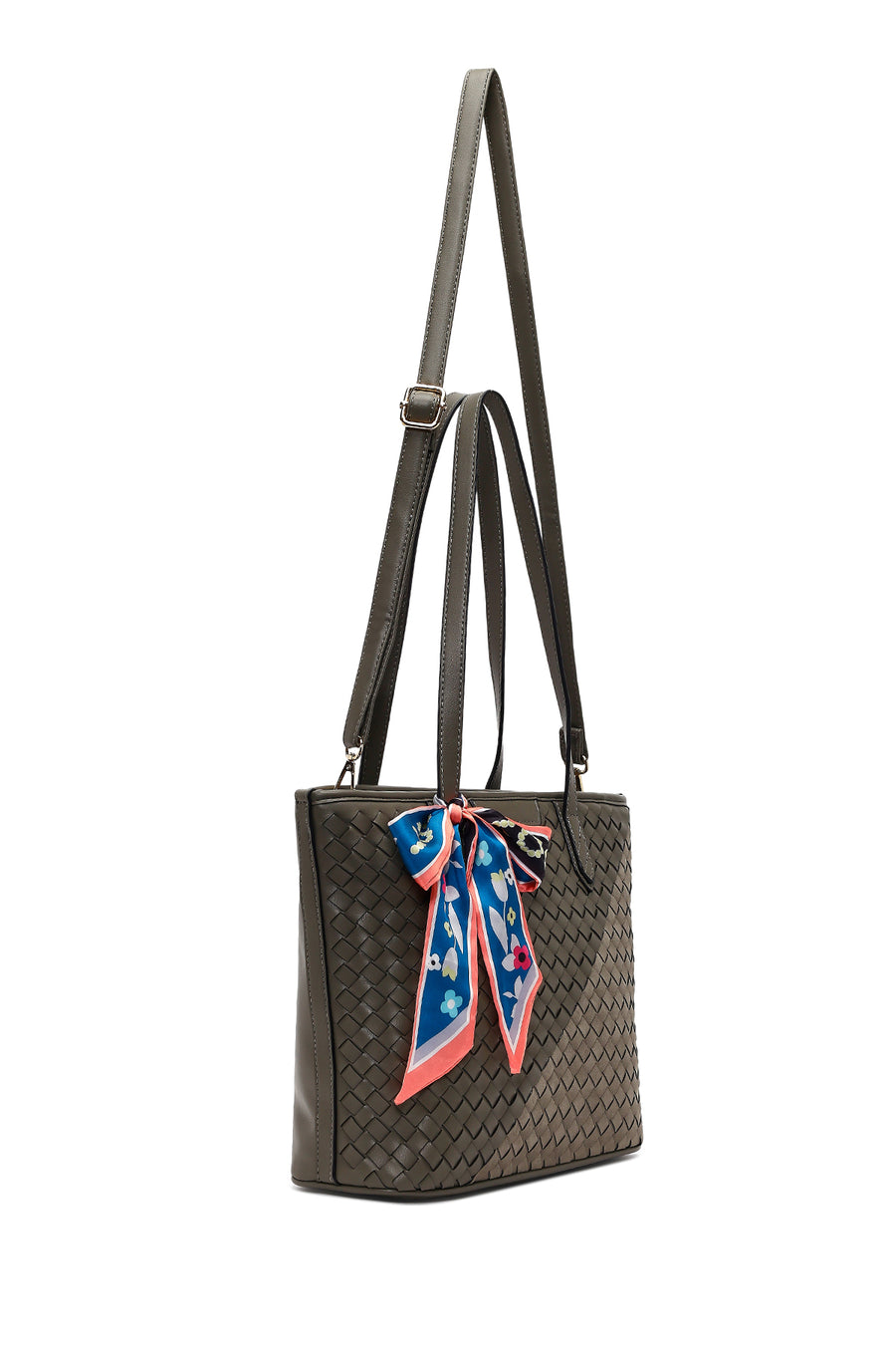 Women's Gray Long Strap Accessorized Woven Shoulder Bag