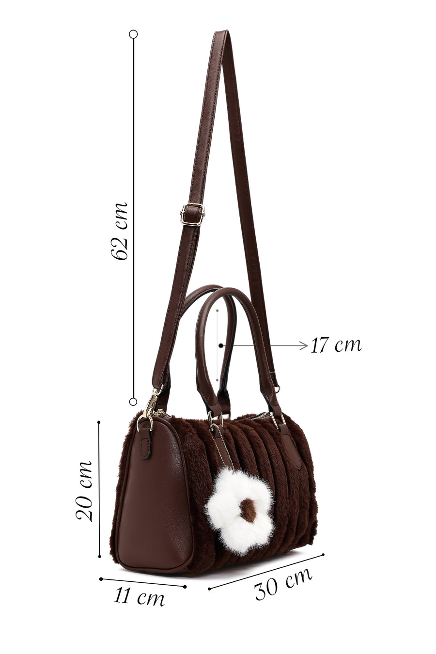 Women's Brown Long Strap Plush Shoulder Bag with Accessories