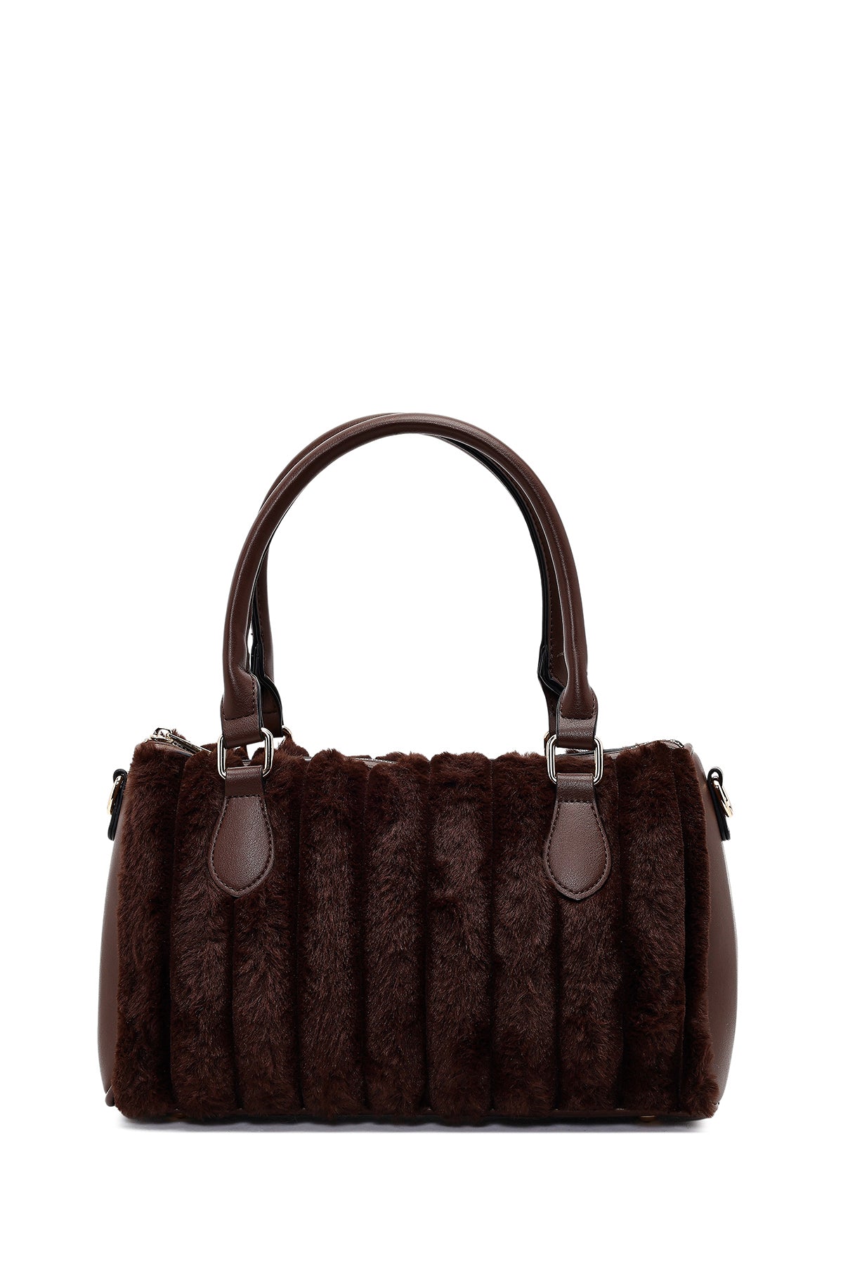 Kadın Kahverengi Uzun Askılı Aksesuarlı Peluş Omuz Çantası