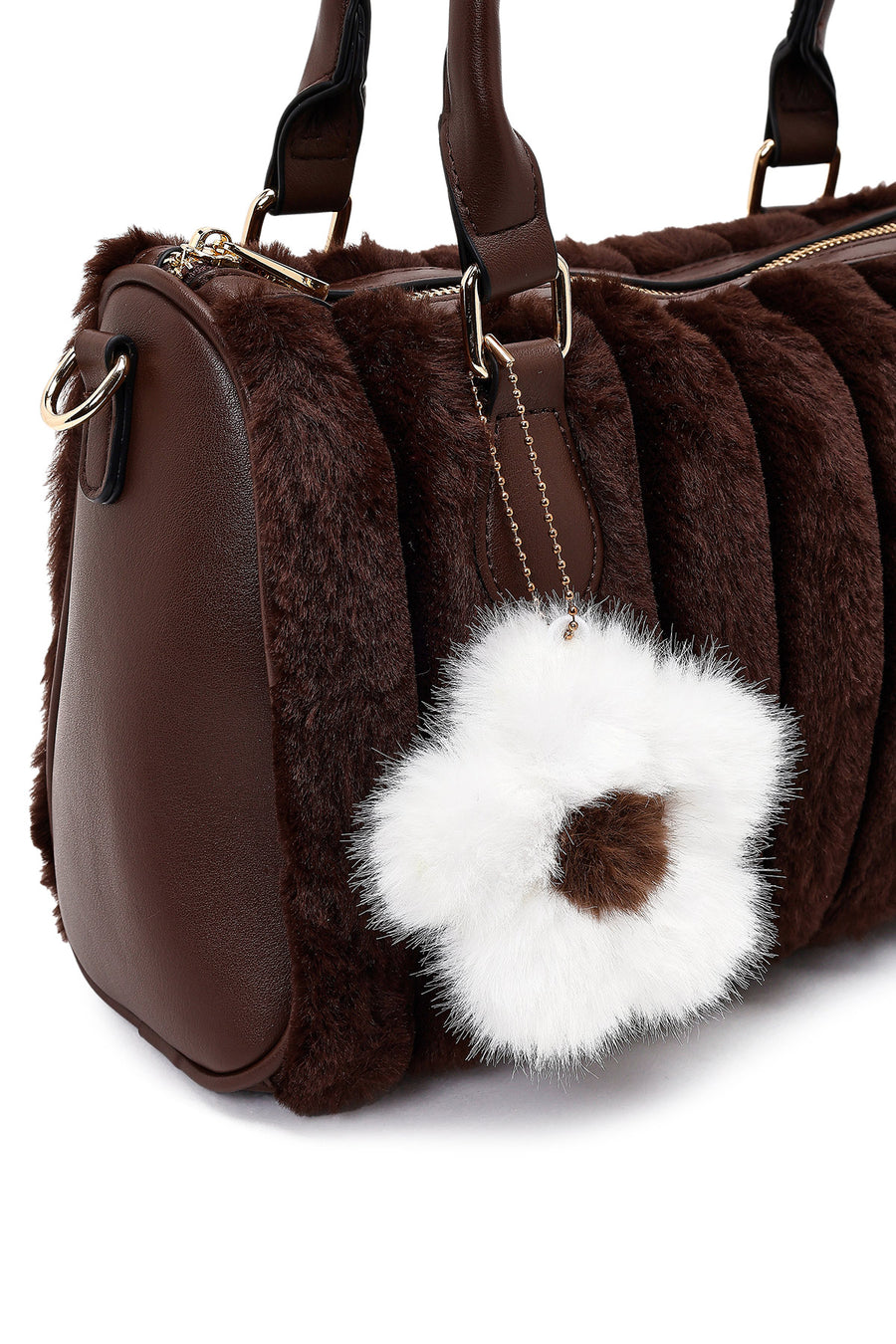 Women's Brown Long Strap Plush Shoulder Bag with Accessories