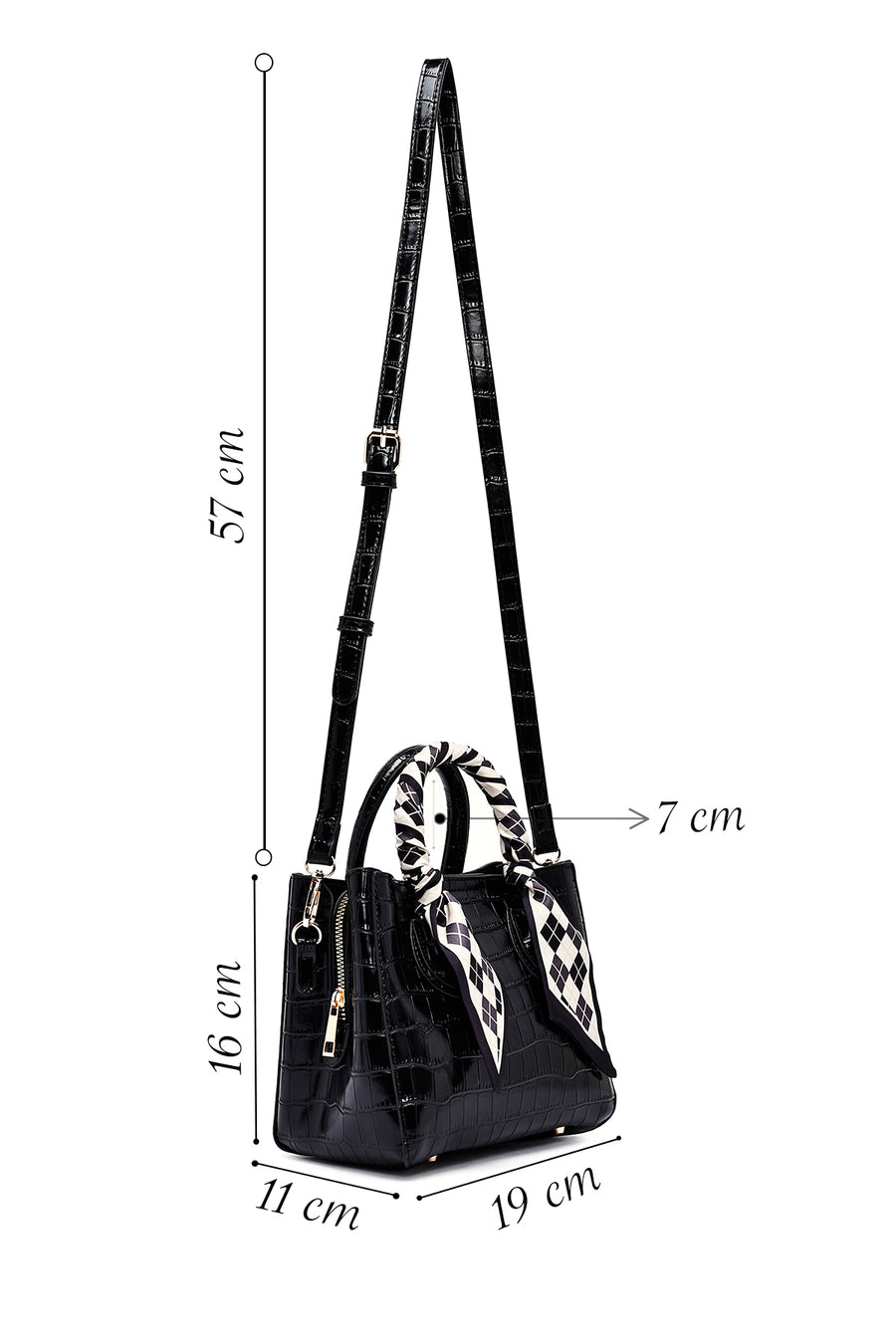 Woman Black Long Strap Crocodile Patterned Mini Handbag