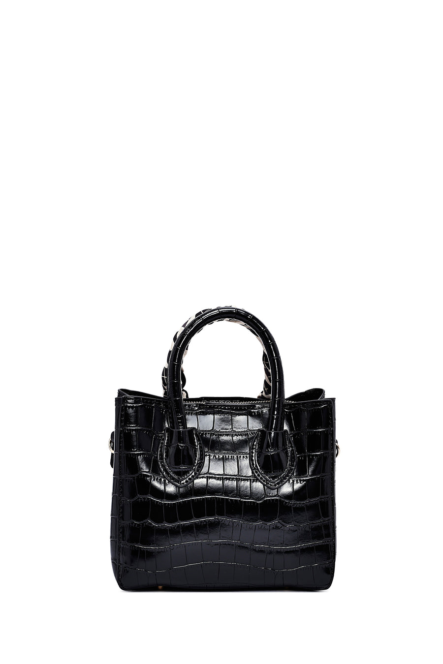 Woman Black Long Strap Crocodile Patterned Mini Handbag