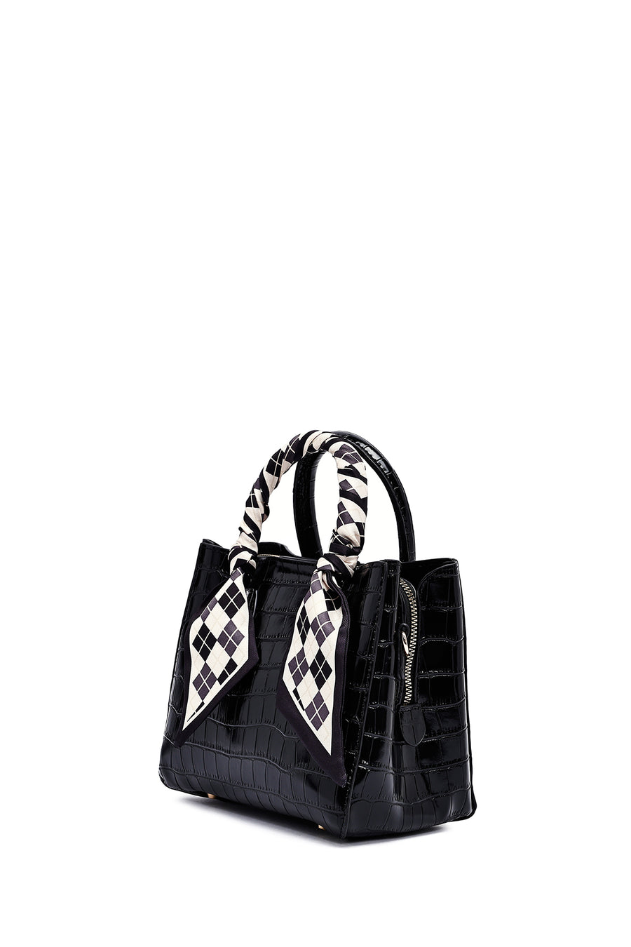 Woman Black Long Strap Crocodile Patterned Mini Handbag