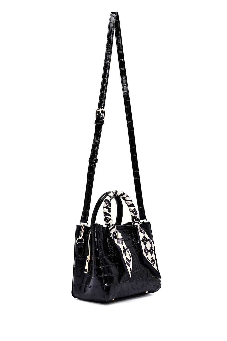 Woman Black Long Strap Crocodile Patterned Mini Handbag