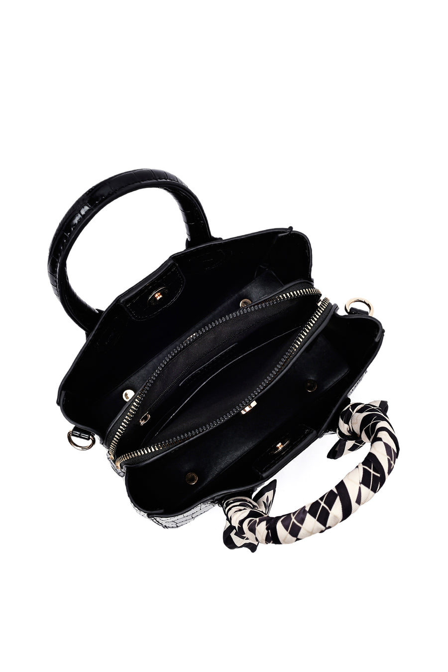 Woman Black Long Strap Crocodile Patterned Mini Handbag