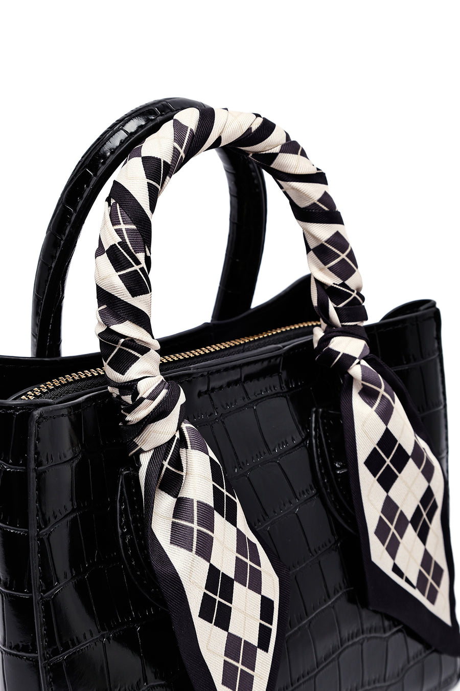 Woman Black Long Strap Crocodile Patterned Mini Handbag