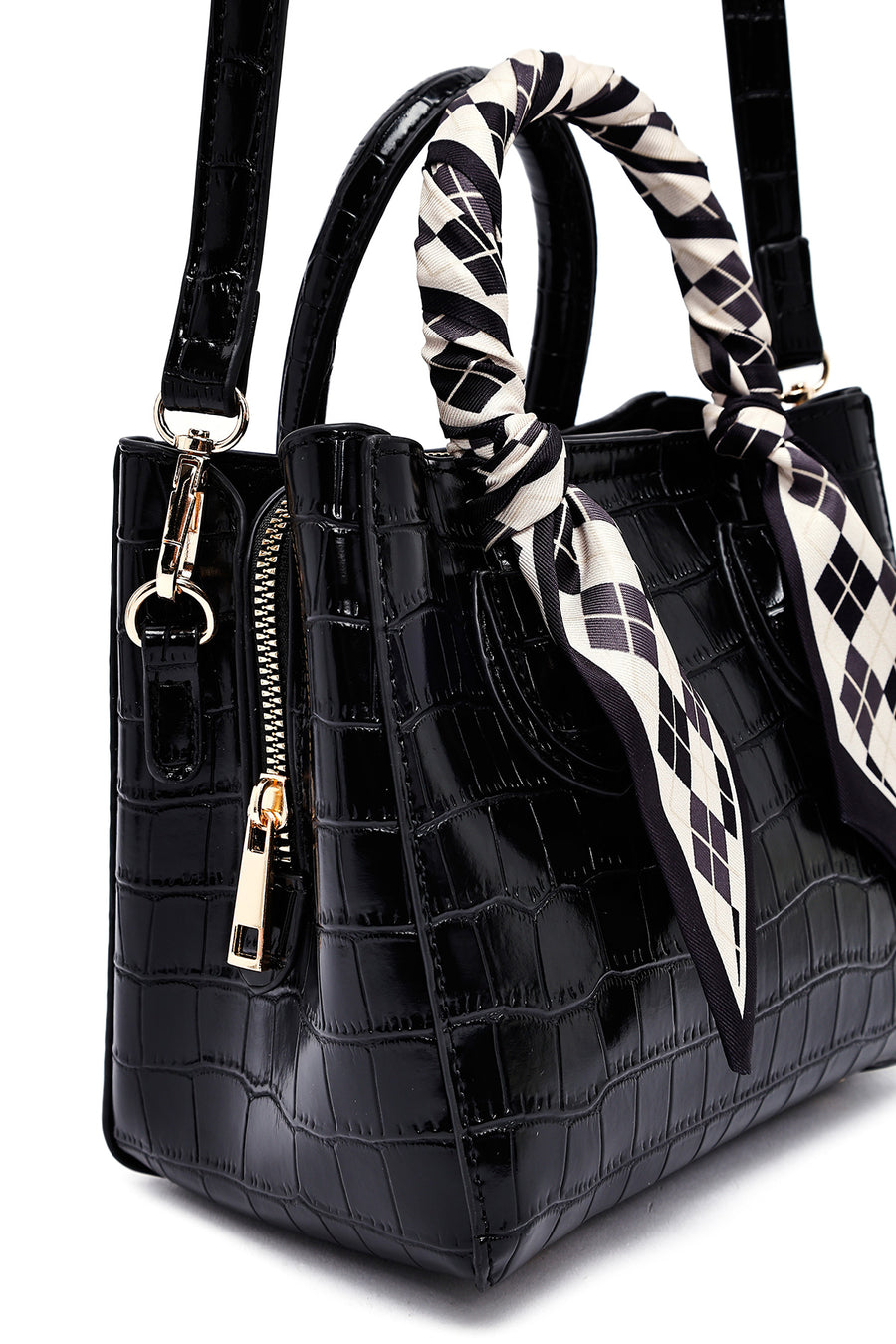 Woman Black Long Strap Crocodile Patterned Mini Handbag