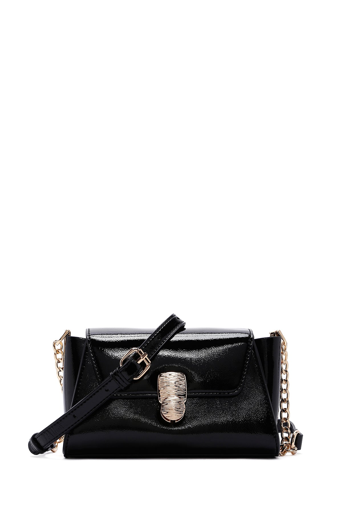 Kadın Siyah Uzun Askılı Rugan Mini Çapraz Çanta