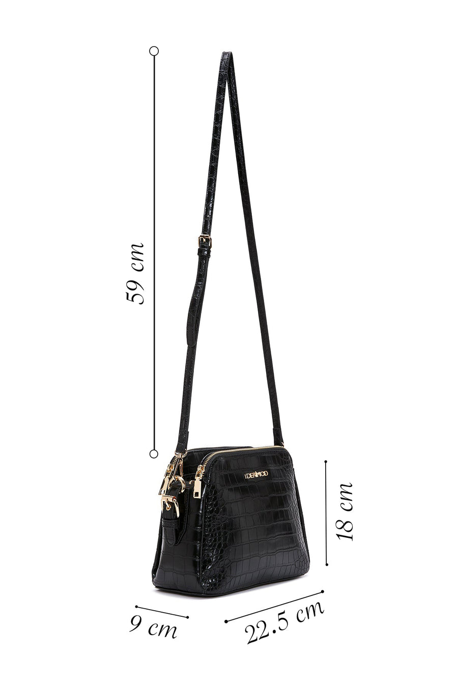 Women's Black Long Strapped Crocodile Pattern Crossbody Bag