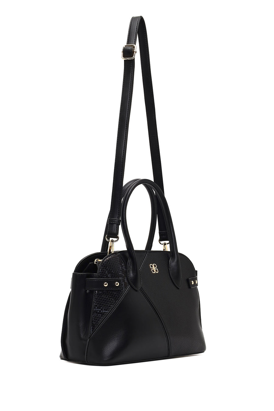 Women's Black Long Strapped Patterned Shoulder Bag