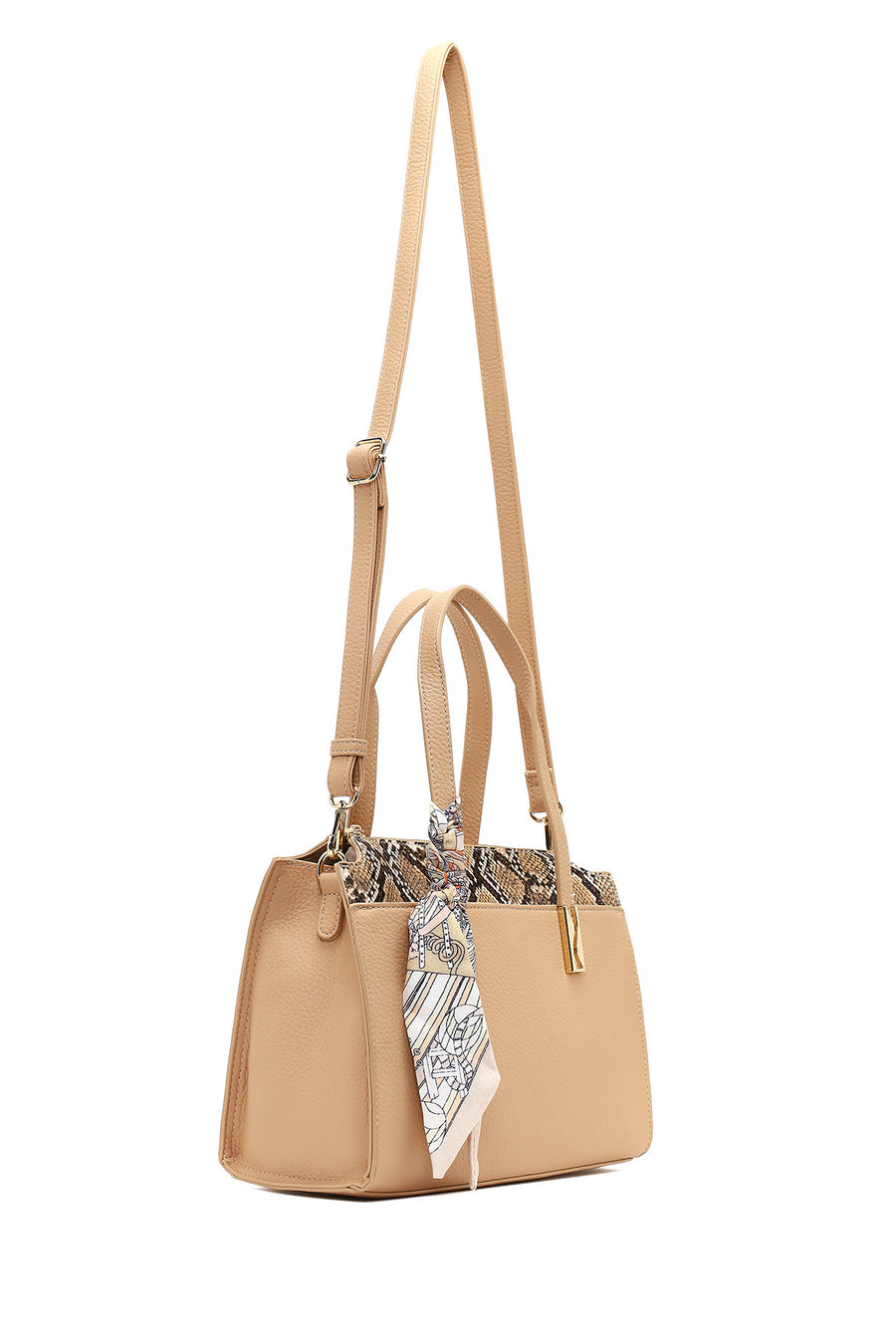 Women's Beige Long Strap Patterned Shoulder Bag