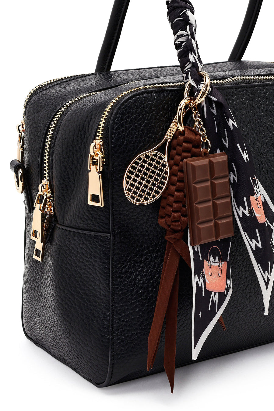 Women's Black Long Strapped Charm Classic Shoulder Bag