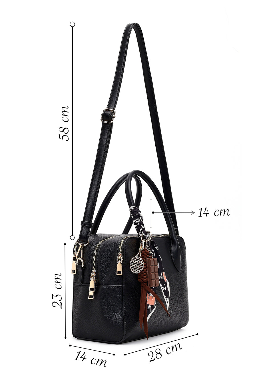 Women's Black Long Strapped Charm Classic Shoulder Bag