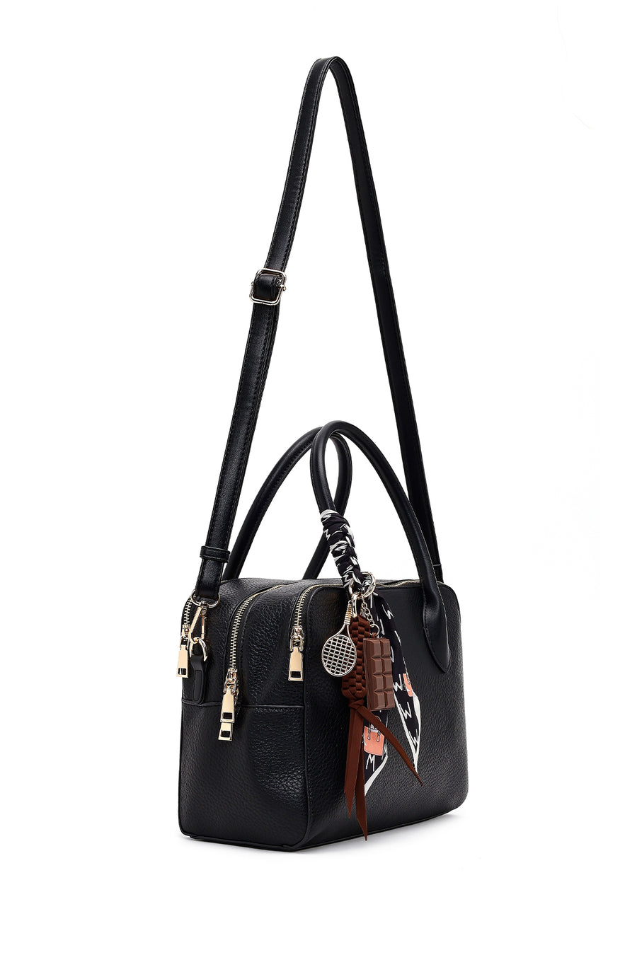 Women's Black Long Strapped Charm Classic Shoulder Bag