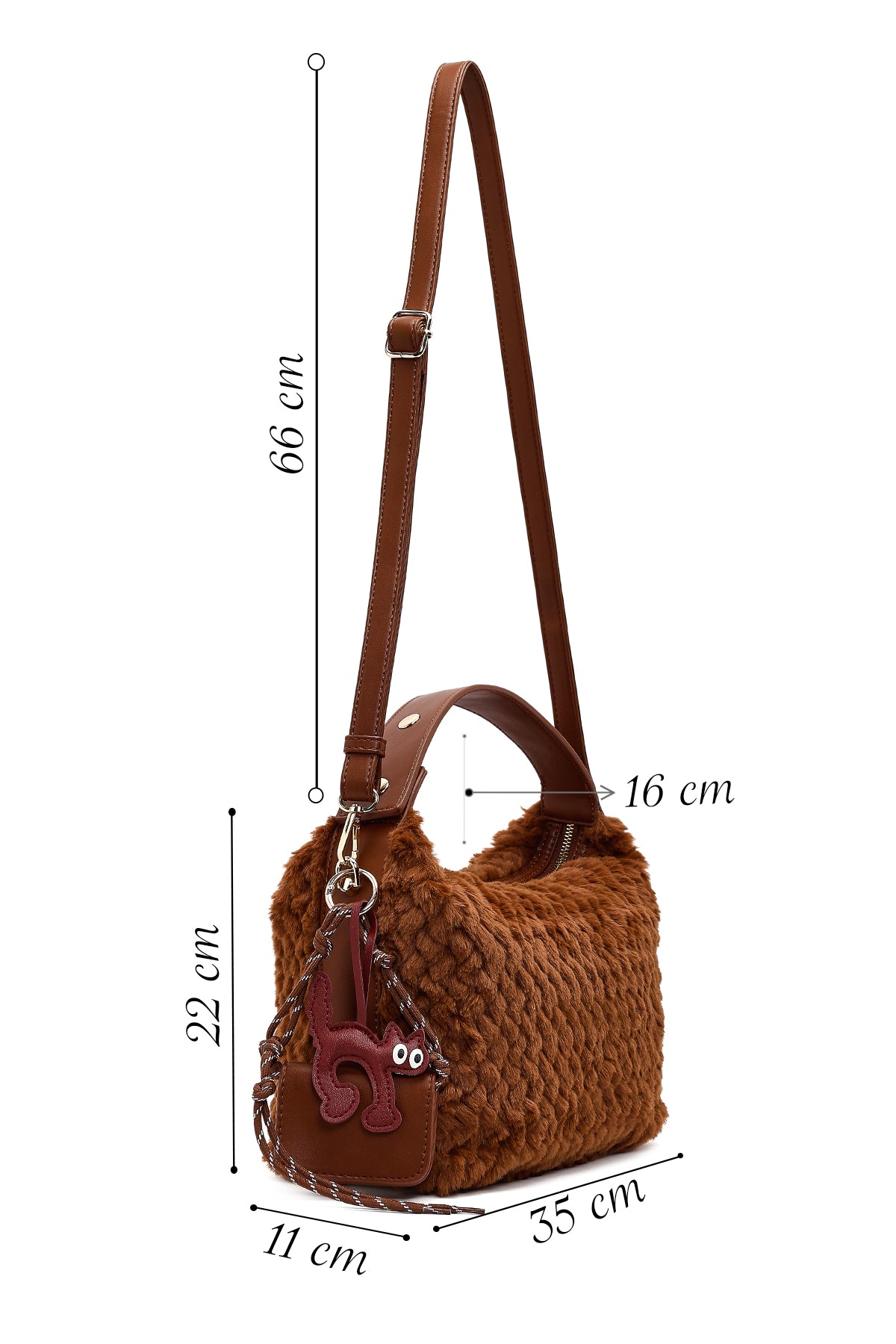 Kadın Kahverengi Uzun Askılı Charmlı Peluş Omuz Çantası