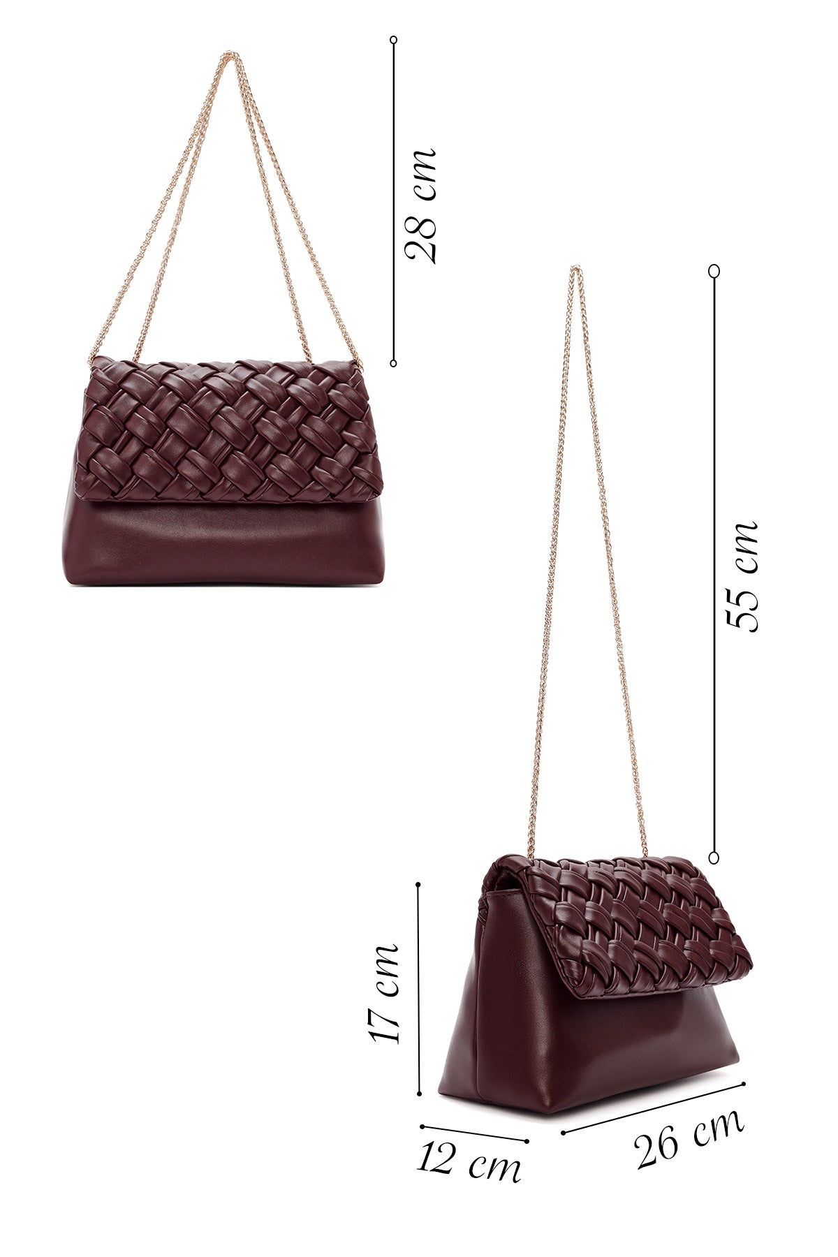 Kadın Bordo Uzun Zincir Askılı Örgülü Çapraz Çanta