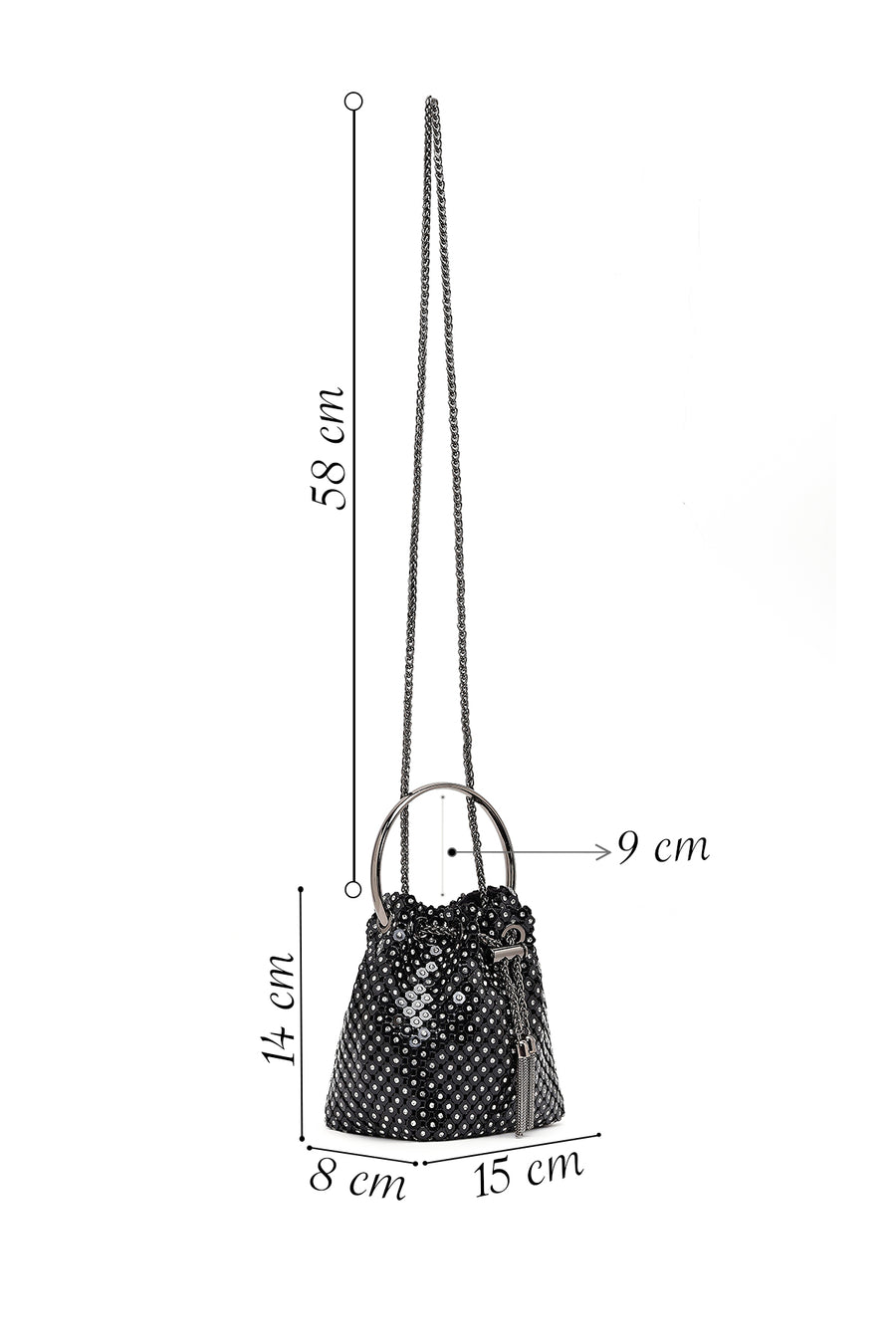 Women's Black Long Chain Strap Stone Mini Evening Handbag