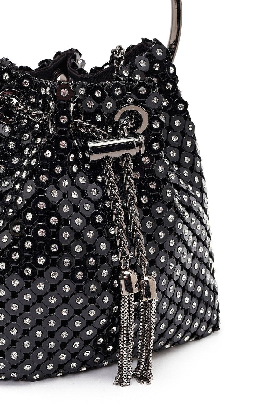 Women's Black Long Chain Strap Stone Mini Evening Handbag