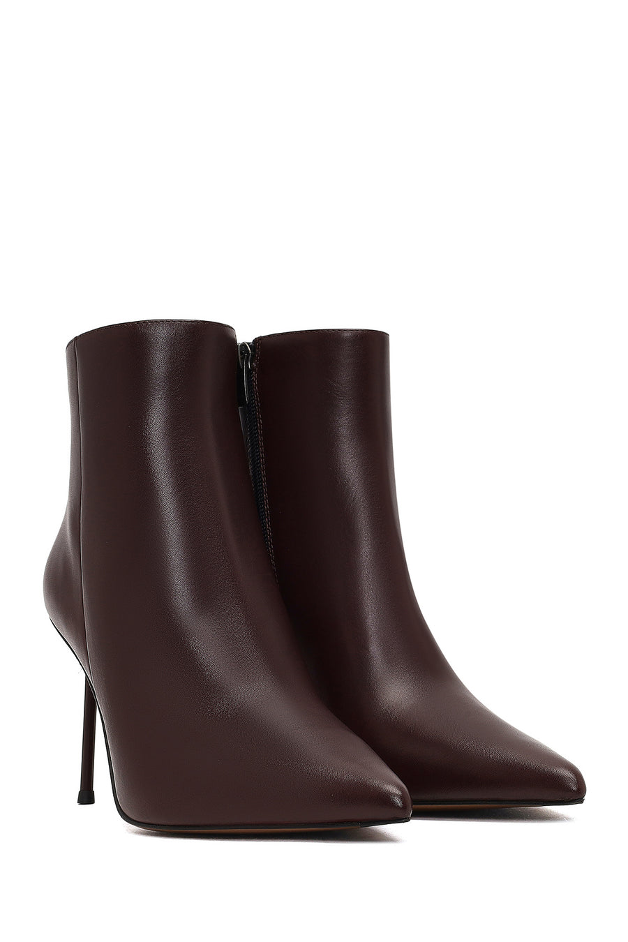 Women's Burgundy Zippered Thin Heeled Leather Boot