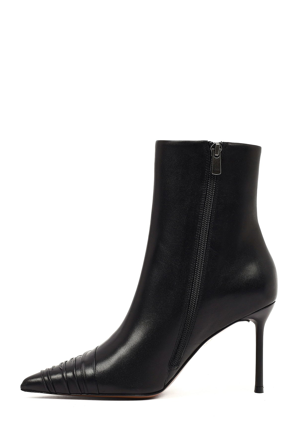 Kadın Siyah Fermuarlı İnce Topuklu Deri Bot