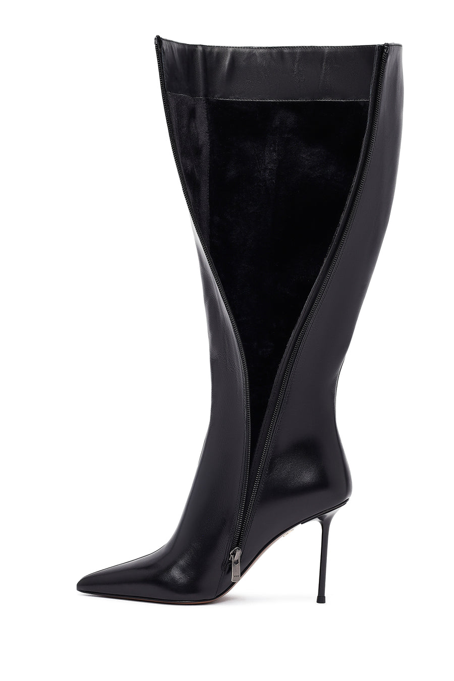 Women's Black Zippered High Thin Heeled Leather Boot