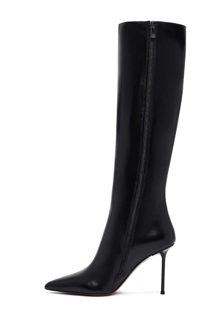 Women's Black Zippered High Thin Heeled Leather Boot