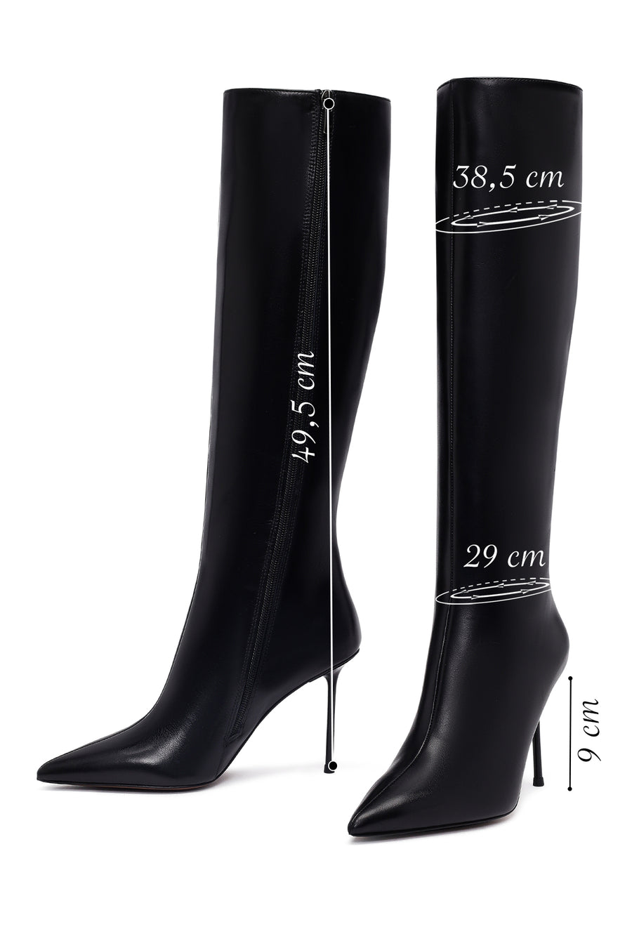 Women's Black Zippered High Thin Heeled Leather Boot