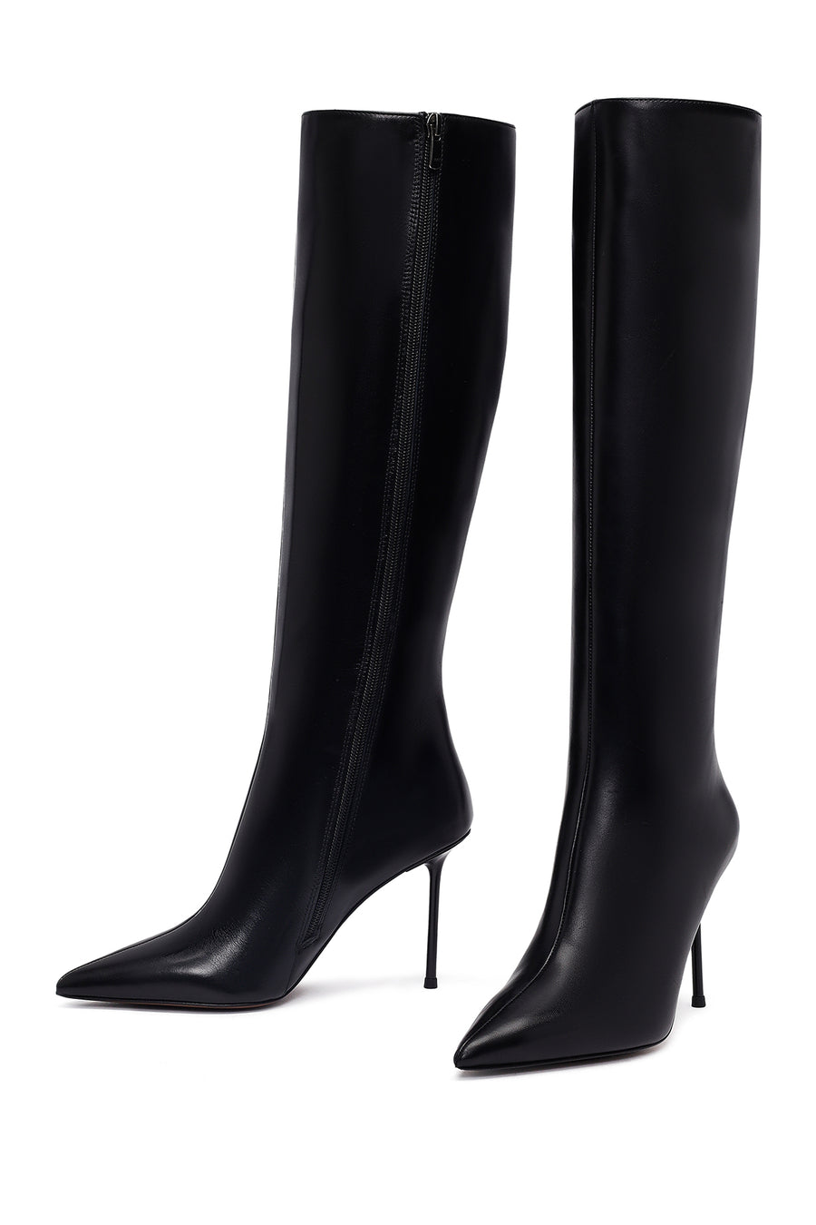 Women's Black Zippered High Thin Heeled Leather Boot