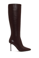 Women's Burgundy Zippered High Thin Heeled Leather Boot | Derimod