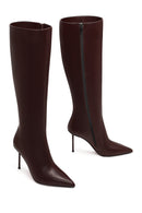 Women's Burgundy Zippered High Thin Heeled Leather Boot | Derimod