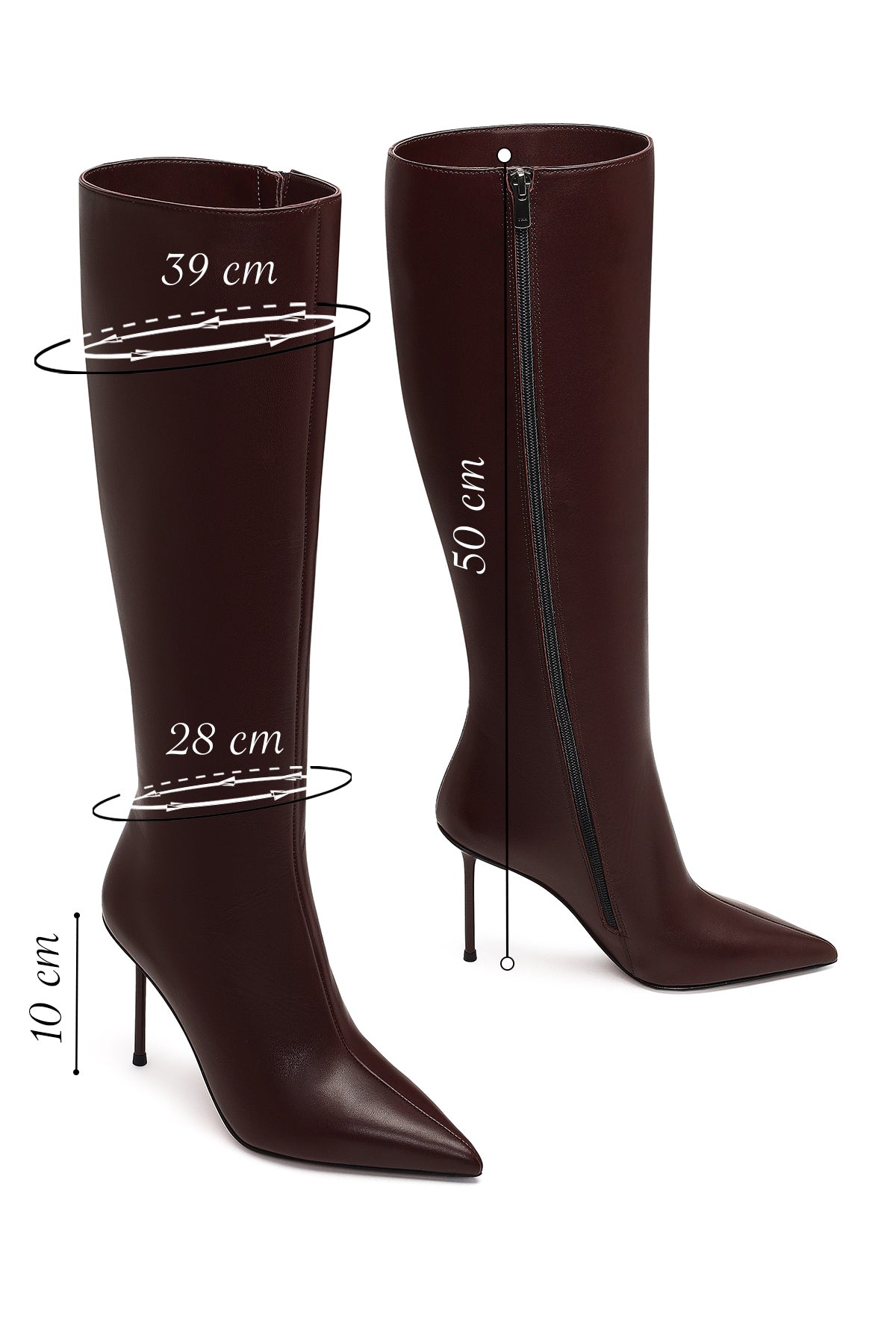 Kadın Bordo Fermuarlı Yüksek İnce Topuklu Deri Çizme