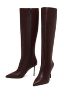Women's Burgundy Zippered High Thin Heeled Leather Boot | Derimod
