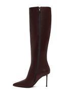 Women's Burgundy Zippered High Thin Heeled Leather Boot | Derimod